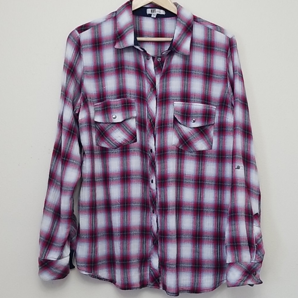 Kut From The Kloth Flannel Snap Cotton Long Sleeve Shirt Large